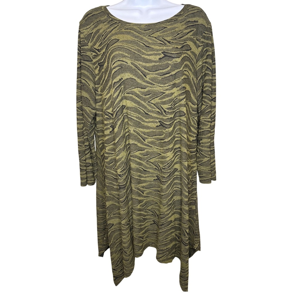 Cut Loose Women Olive Green Animal Print Tunic Dress XL Lagenlook Sharkbite Hem